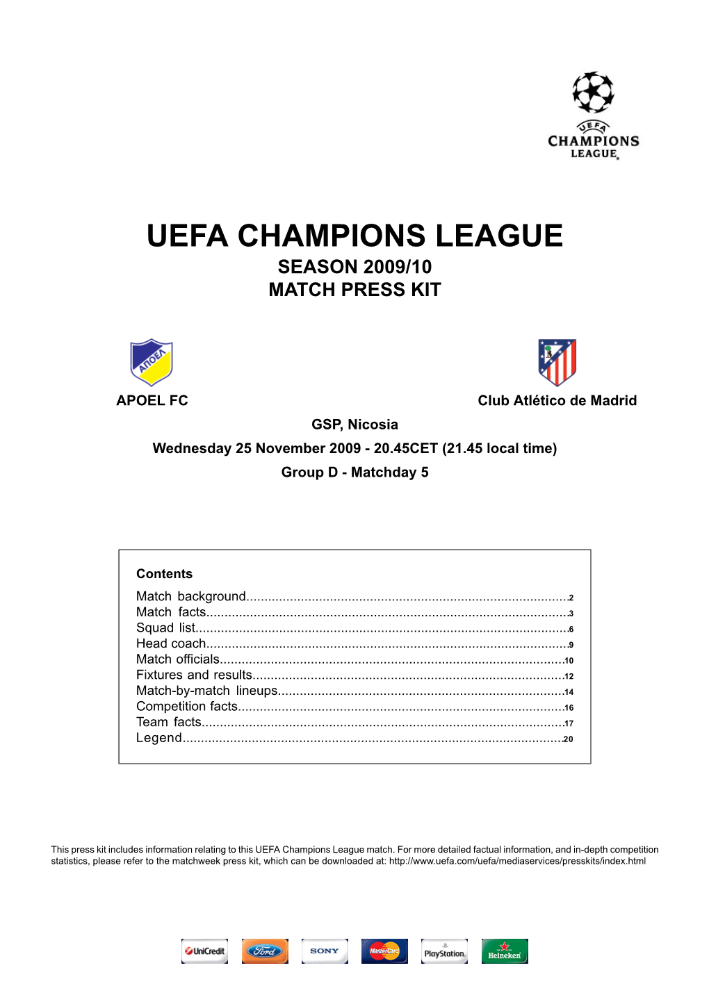 Uefa Champions League Season 2009/10 Match Press Kit