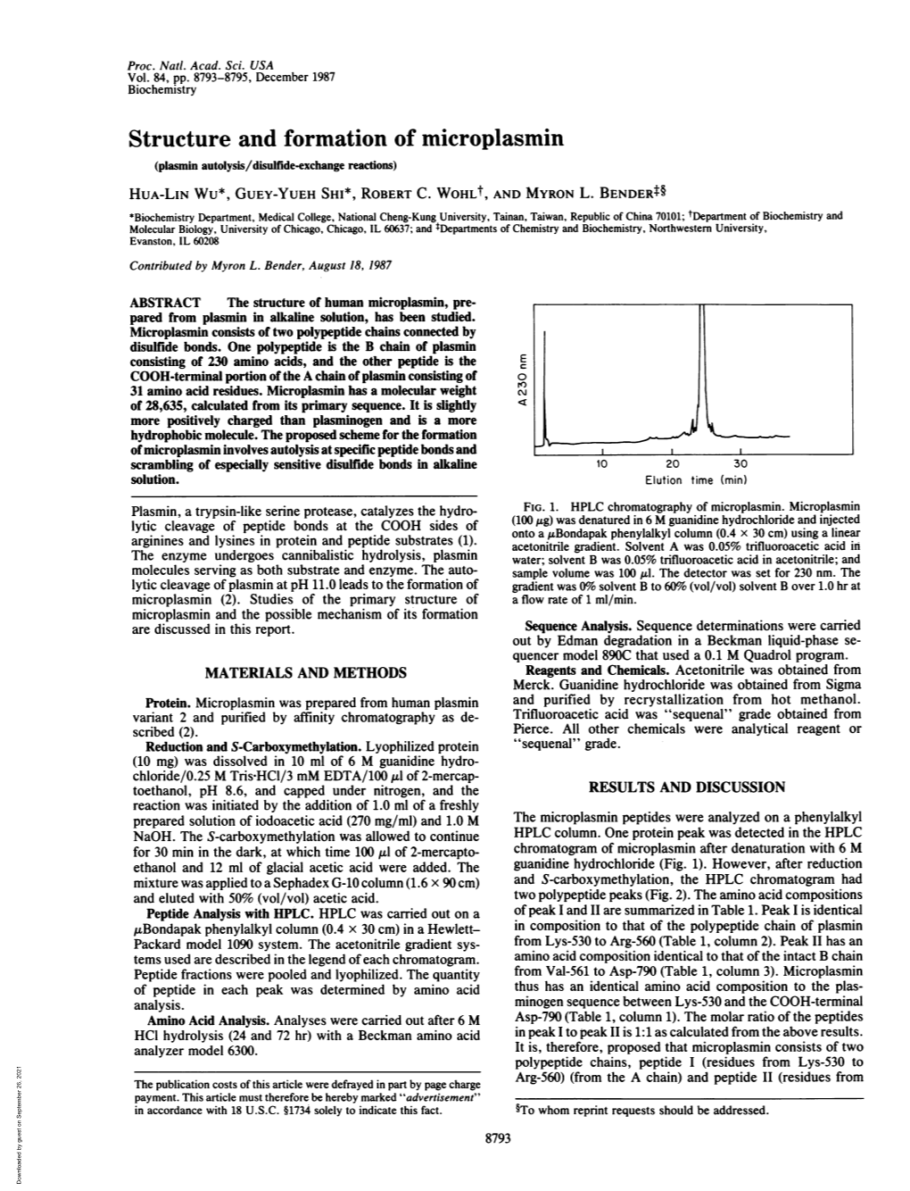 Structure and Formation of Microplasmin (Plasmin Autolysis/Disulfide-Exchange Reactions) HUA-LIN WU*, GUEY-YUEH SHI*, ROBERT C