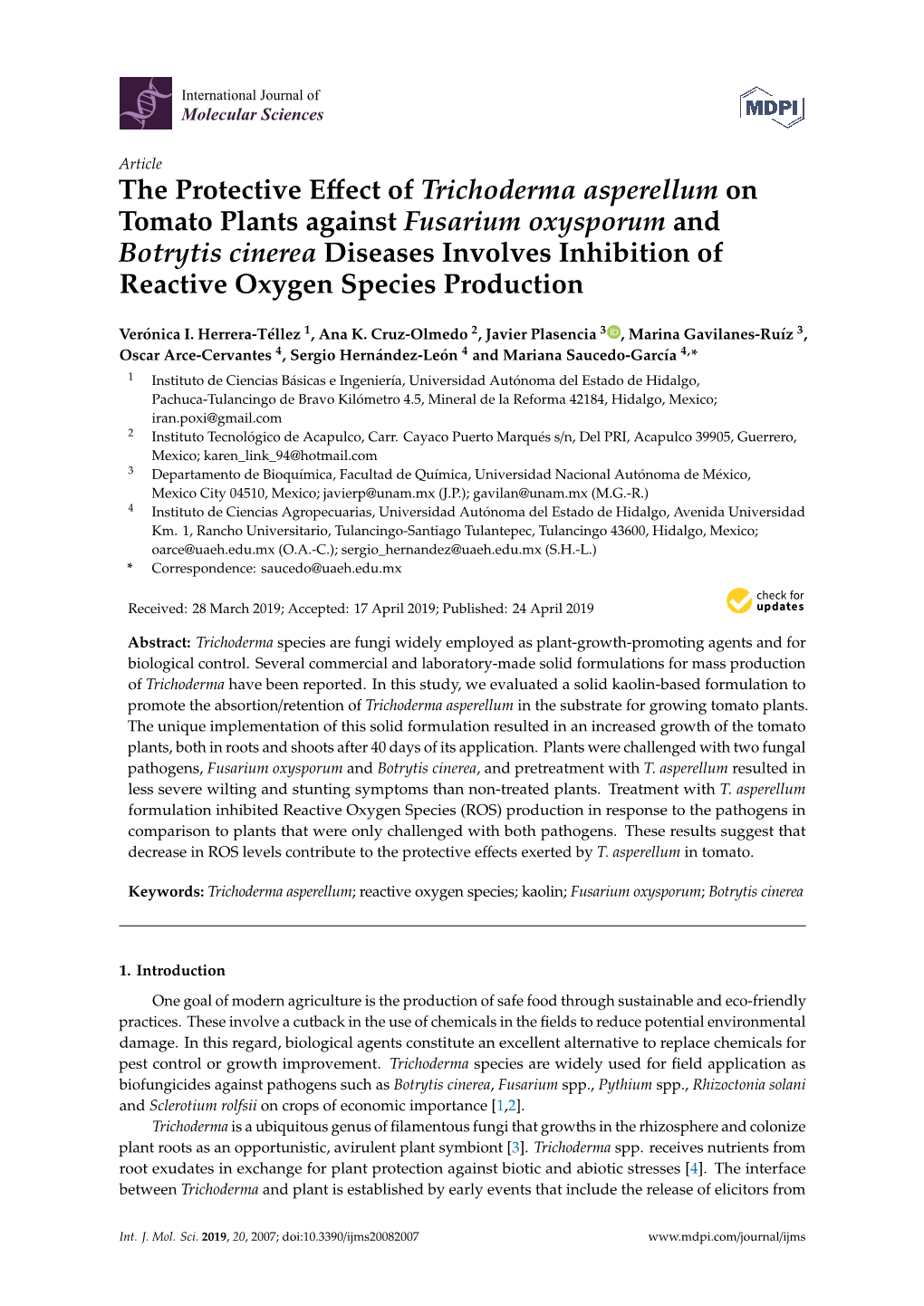 The Protective Effect of Trichoderma Asperellum on Tomato Plants