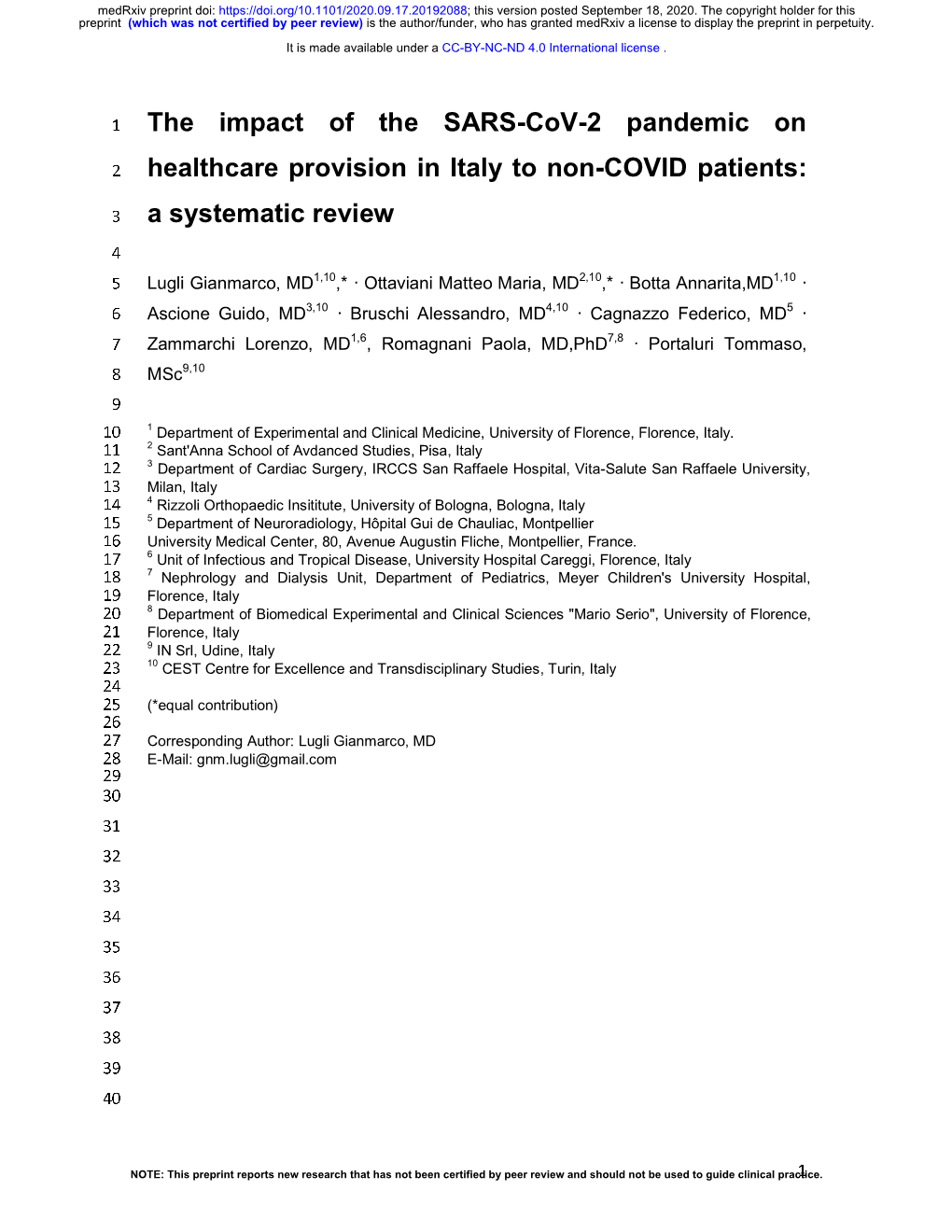 The Impact of the SARS-Cov-2 Pandemic on Healthcare Provision