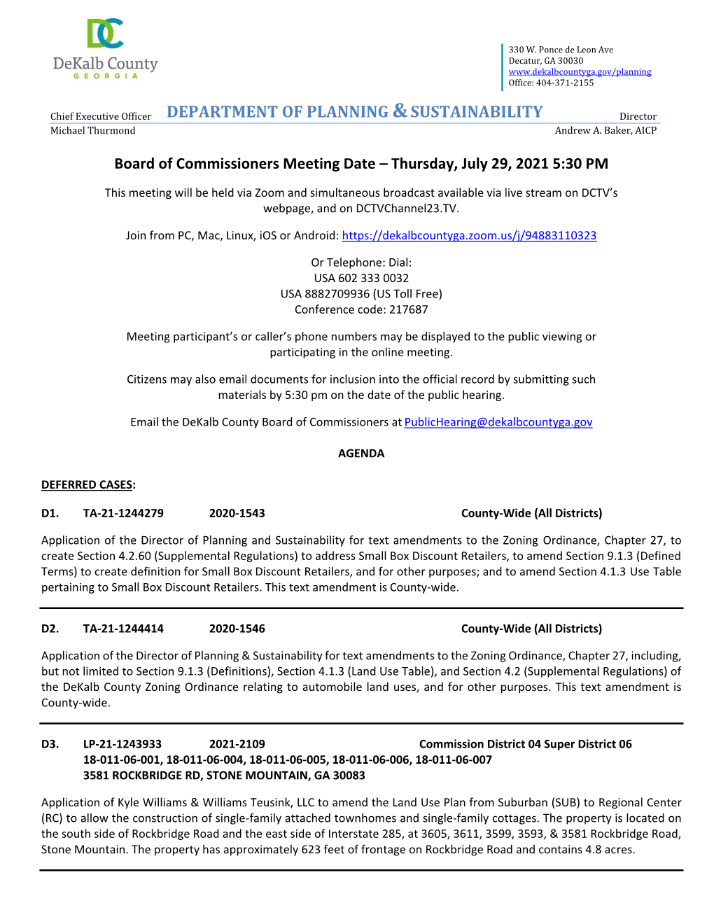 July 29, 2021 BOC Zoning Meeting Agenda