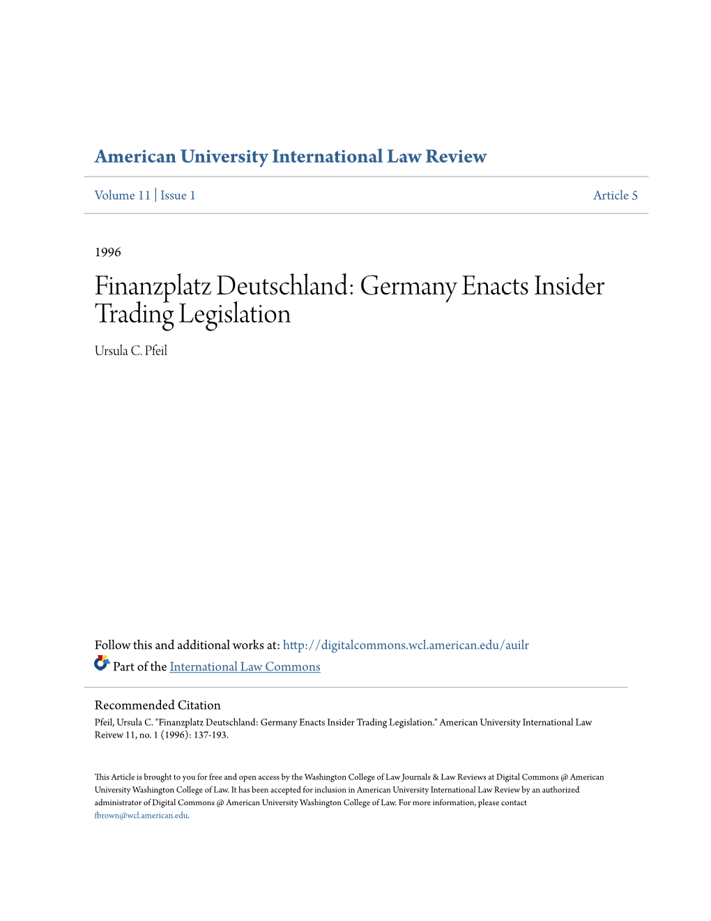 Germany Enacts Insider Trading Legislation Ursula C