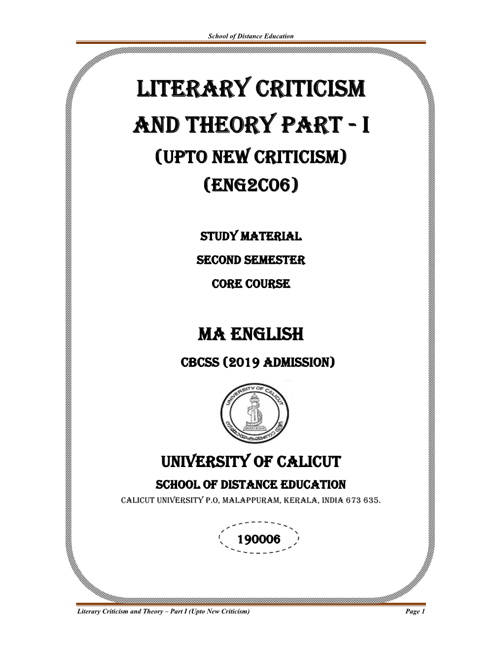 Literary Criticism and Theory Part - I (Upto New Criticism) (Eng2c06)