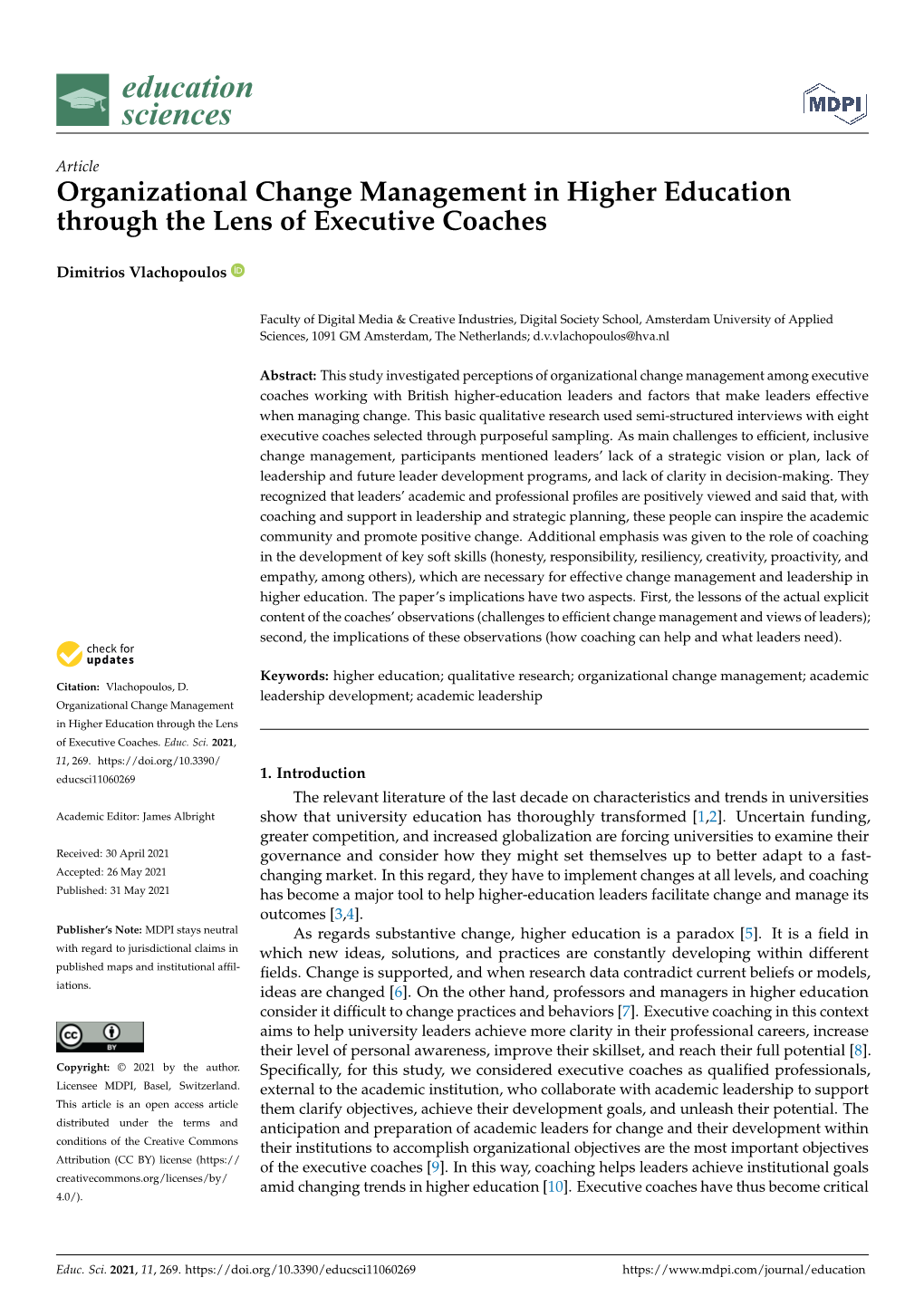 Organizational Change Management in Higher Education Through the Lens of Executive Coaches