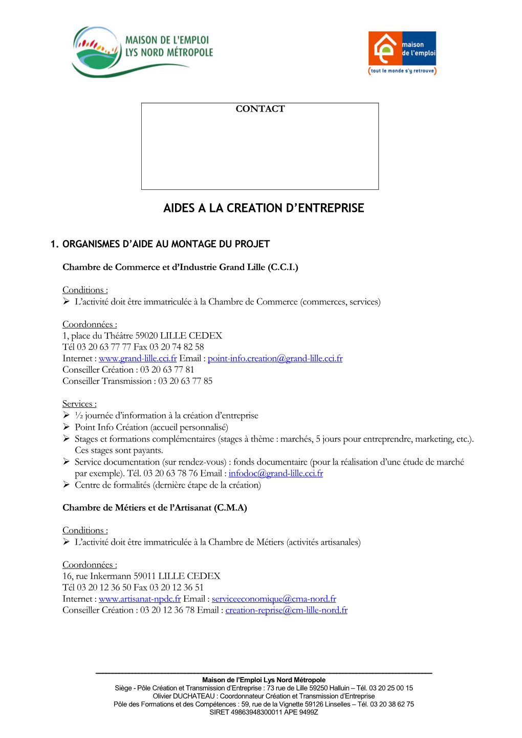 Aides a La Creation D'entreprise