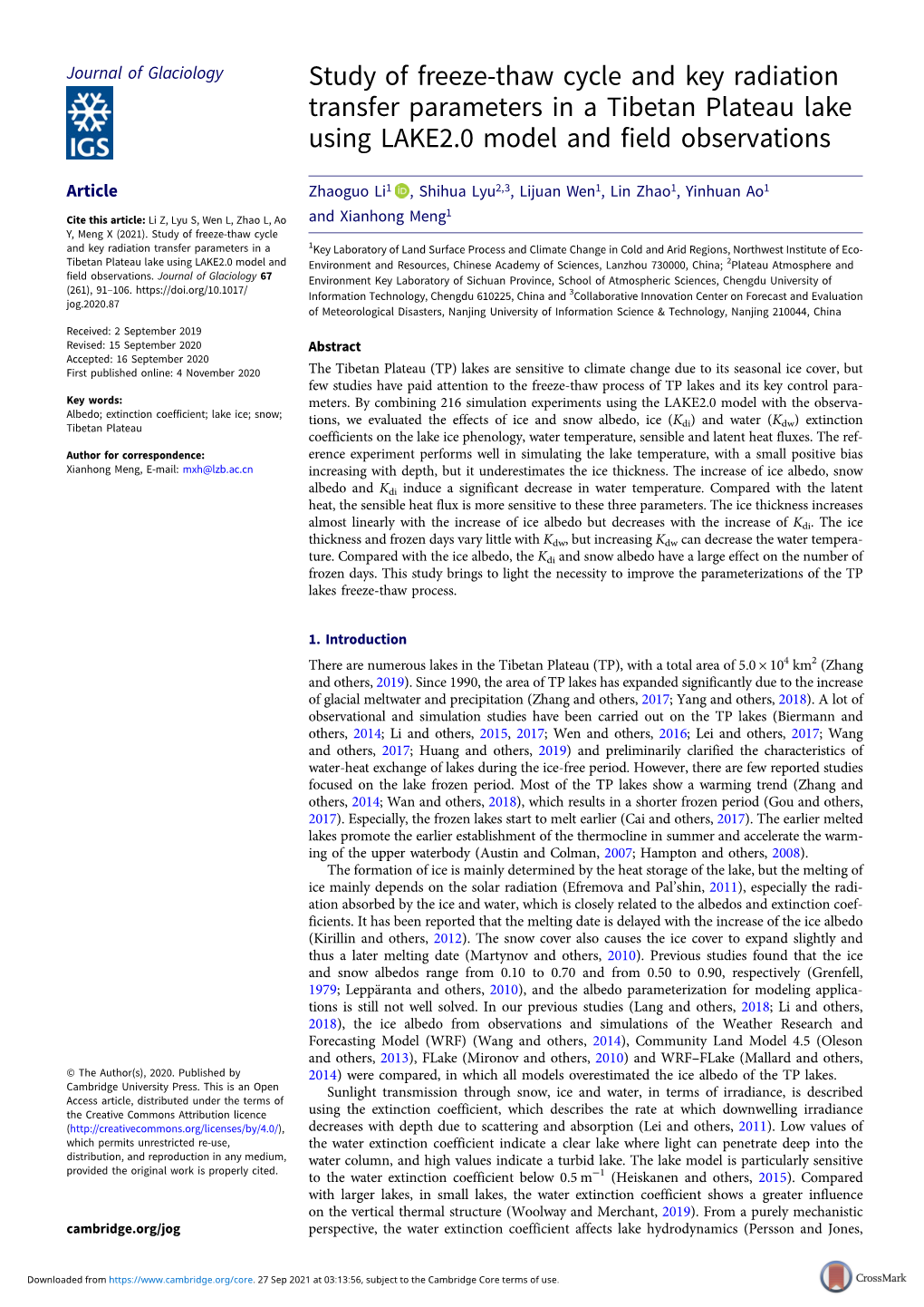 Study of Freeze-Thaw Cycle and Key Radiation Transfer Parameters in a Tibetan Plateau Lake Using LAKE2.0 Model and Field Observations