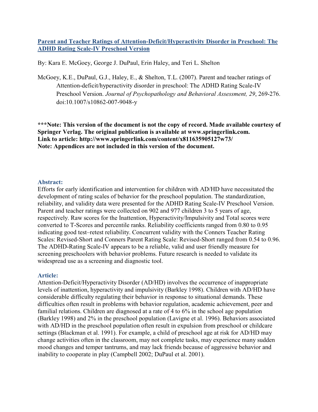 Parent and Teacher Ratings of Attention-Deficit/Hyperactivity Disorder in Preschool: the ADHD Rating Scale-IV Preschool Version