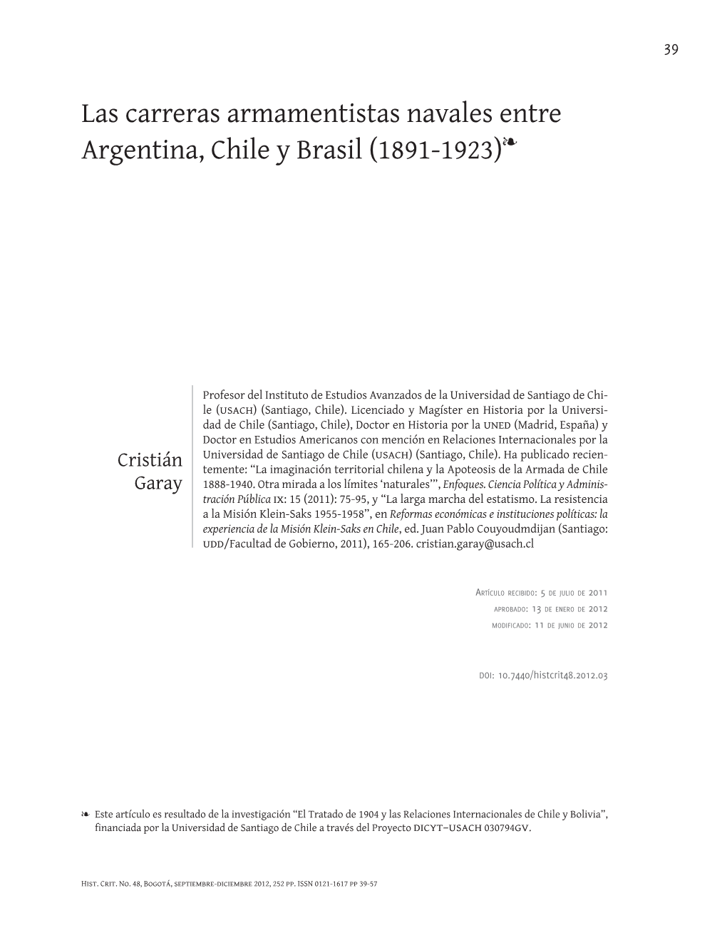 Las Carreras Armamentistas Navales Entre Argentina, Chile Y Brasil (1891-1923)
