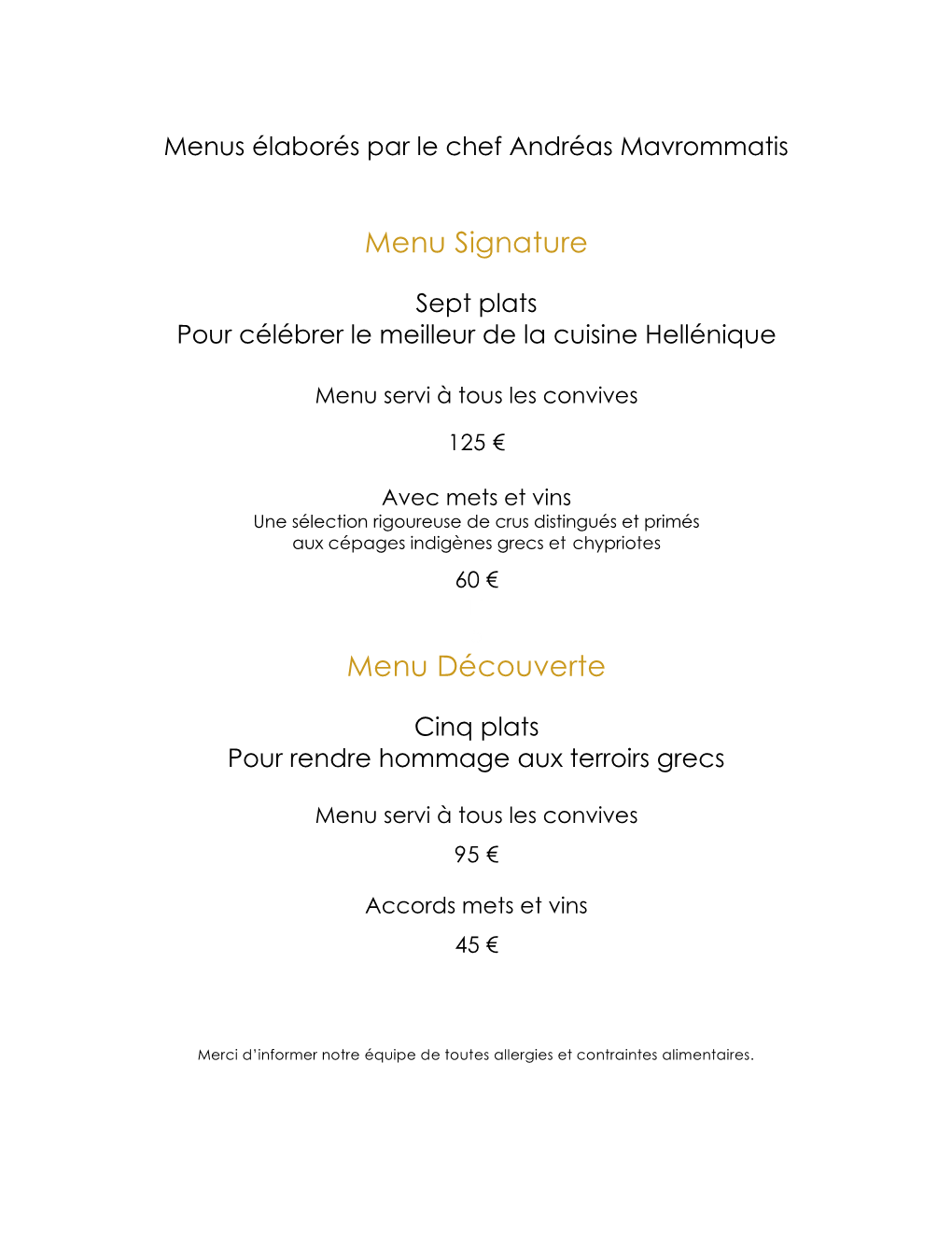 Menu Signature Menu Découverte