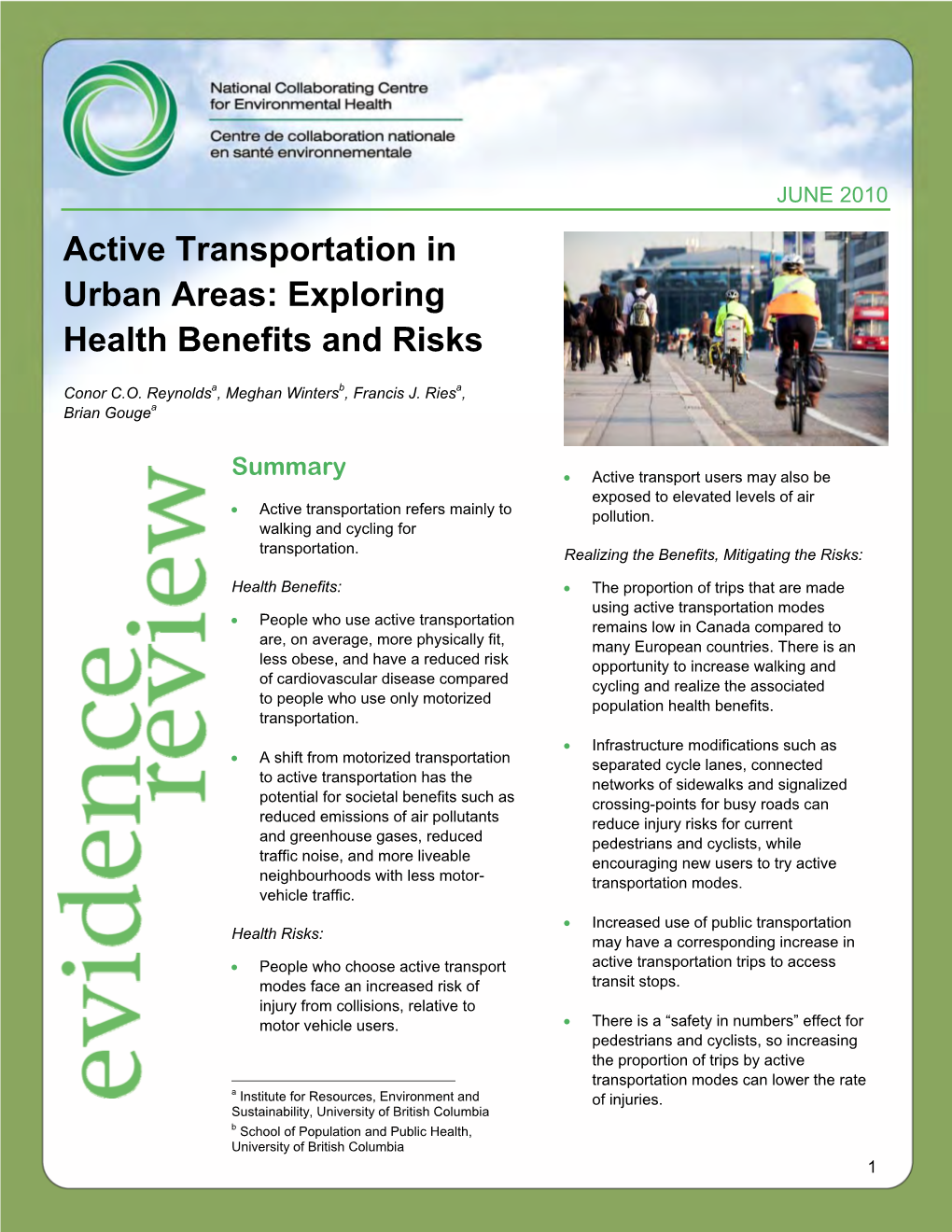 Active Transportation in Urban Areas: Exploring Health Benefits and Risks