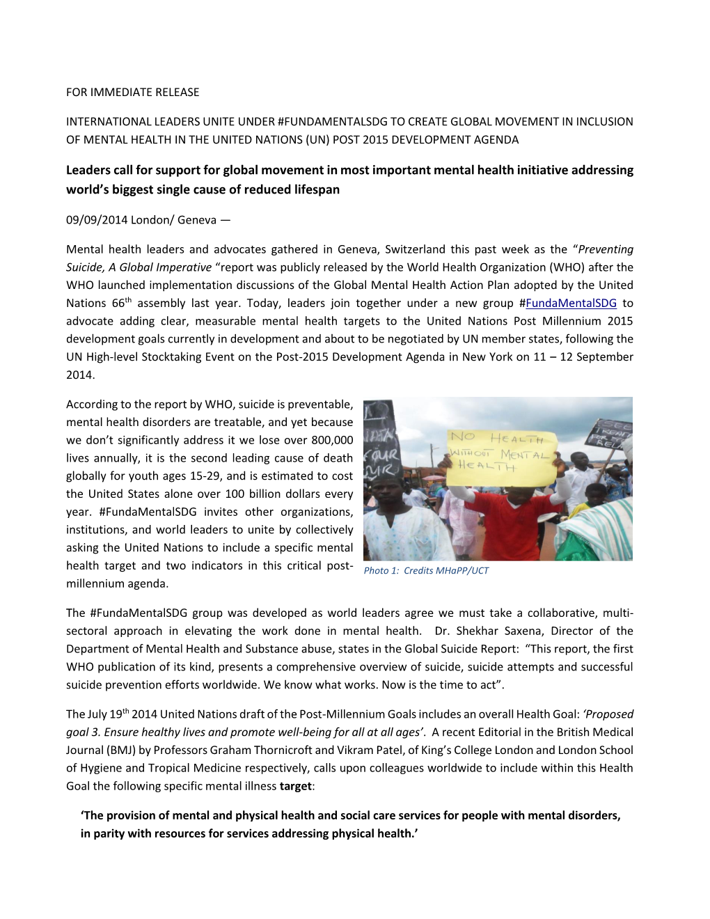 Leaders Call for Support for Global Movement in Most Important Mental Health Initiative Addressing World’S Biggest Single Cause of Reduced Lifespan