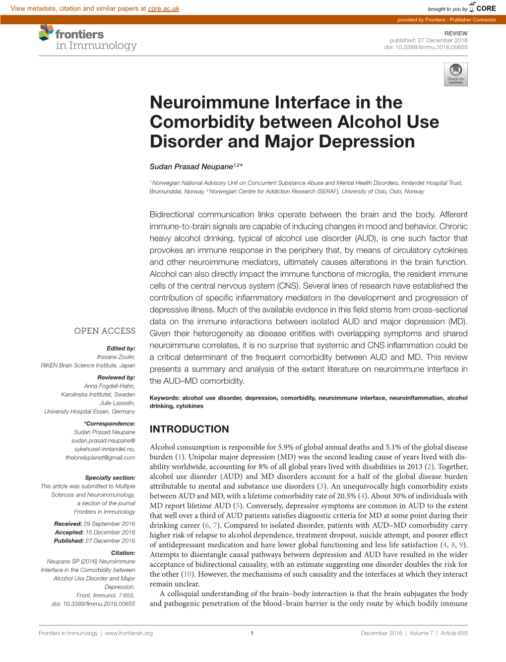 Neuroimmune Interface in the Comorbidity Between Alcohol Use Disorder and Major Depression