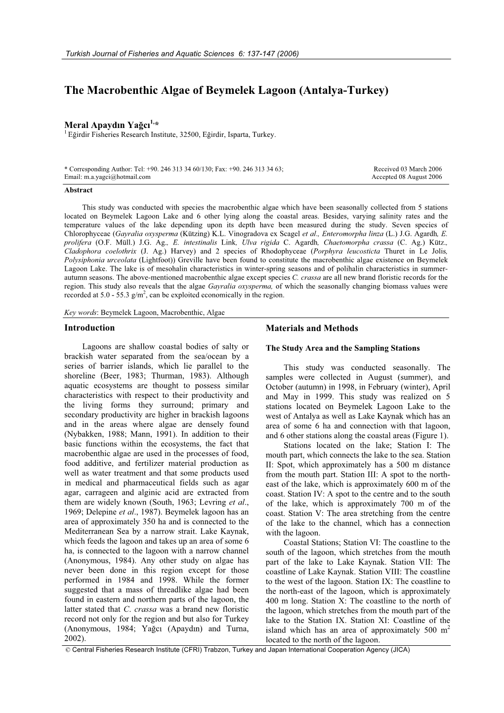 The Macrobenthic Algae of Beymelek Lagoon (Antalya-Turkey)