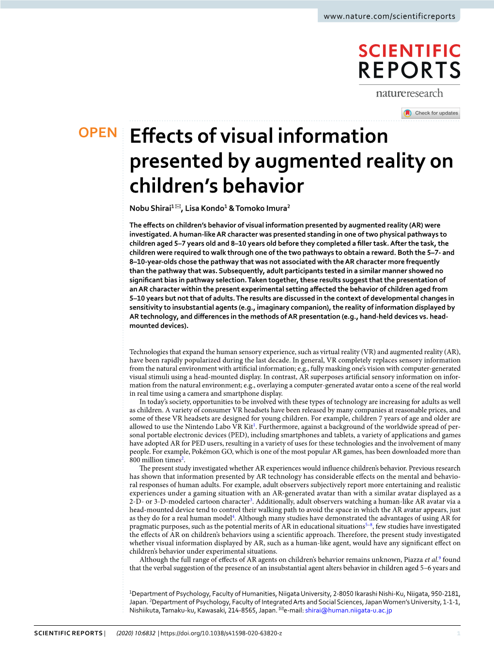 Effects of Visual Information Presented by Augmented Reality on Children's