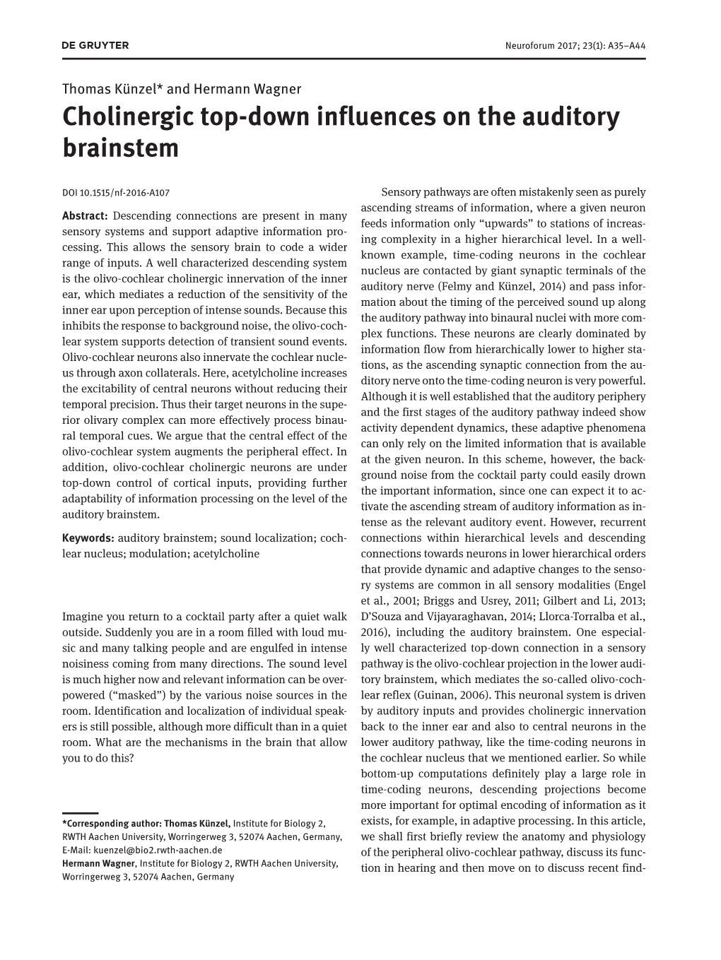 Cholinergic Top-Down Influences on the Auditory Brainstem