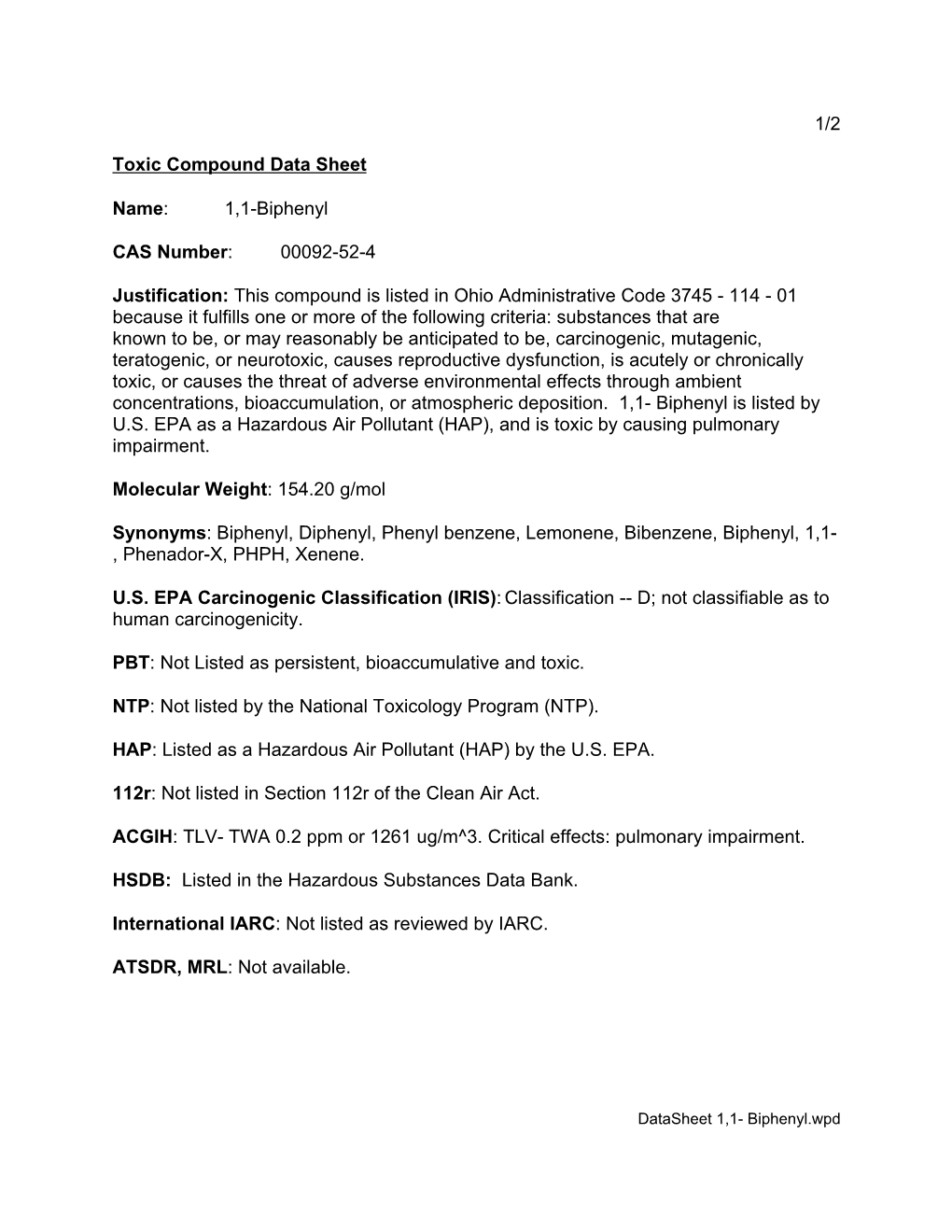 1/2 Toxic Compound Data Sheet Name: 1,1-Biphenyl CAS Number