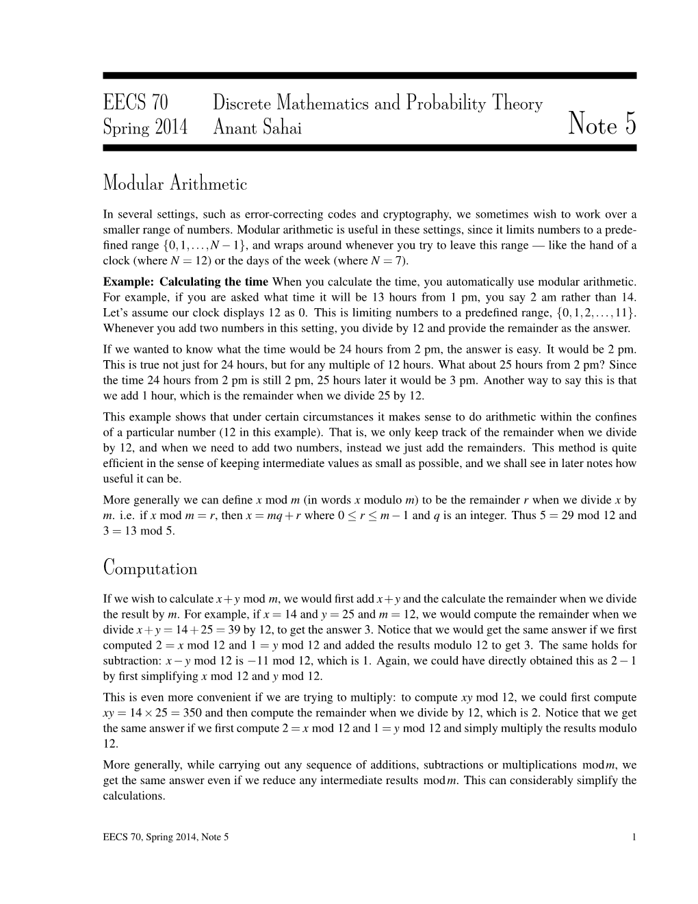 Lecture Notes #5: Modular Arithmetic