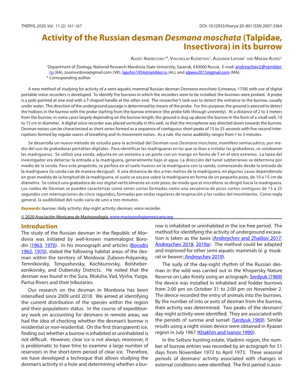 Activity of the Russian Desman Desmana Moschata (Talpidae, Insectivora) in Its Burrow