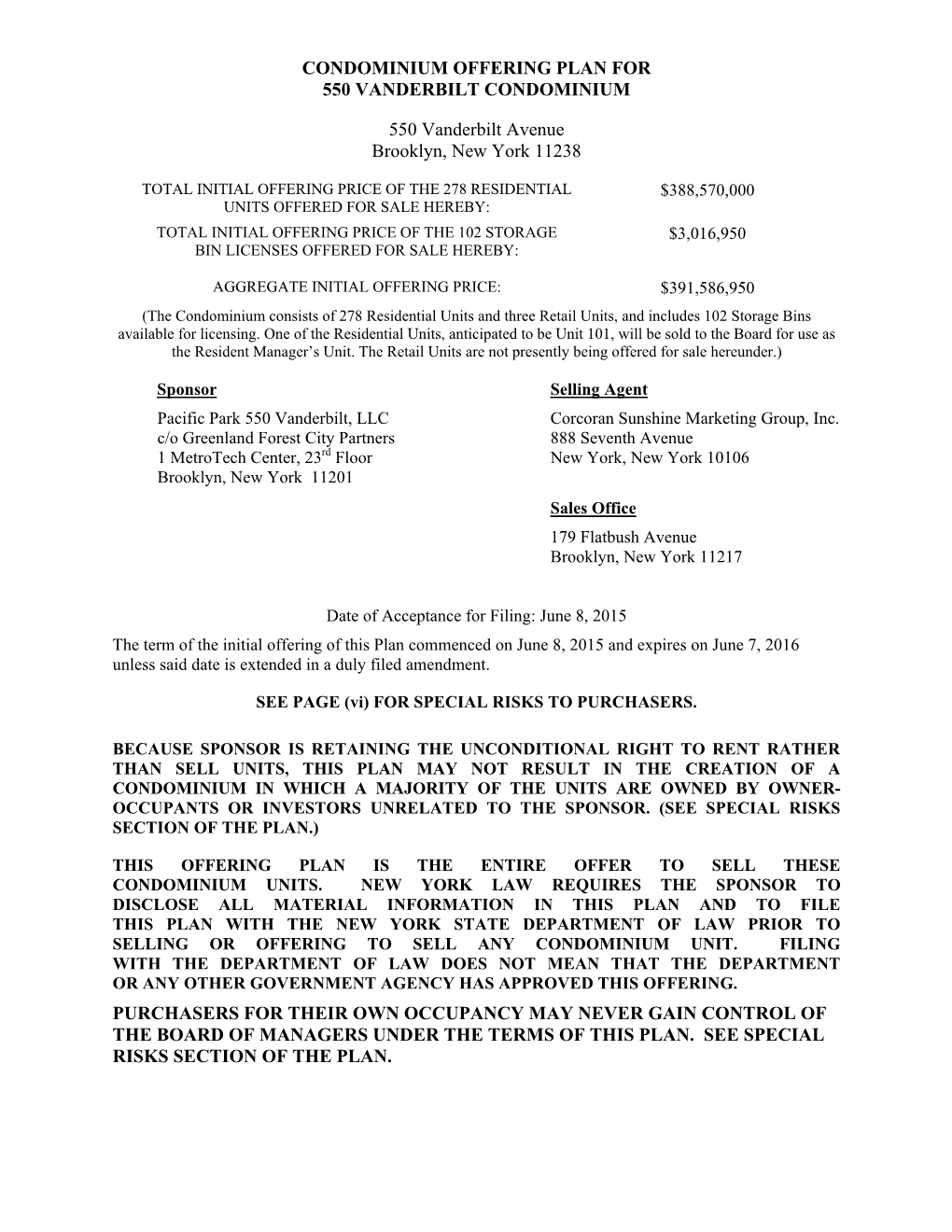 Condominium Offering Plan for 550 Vanderbilt Condominium