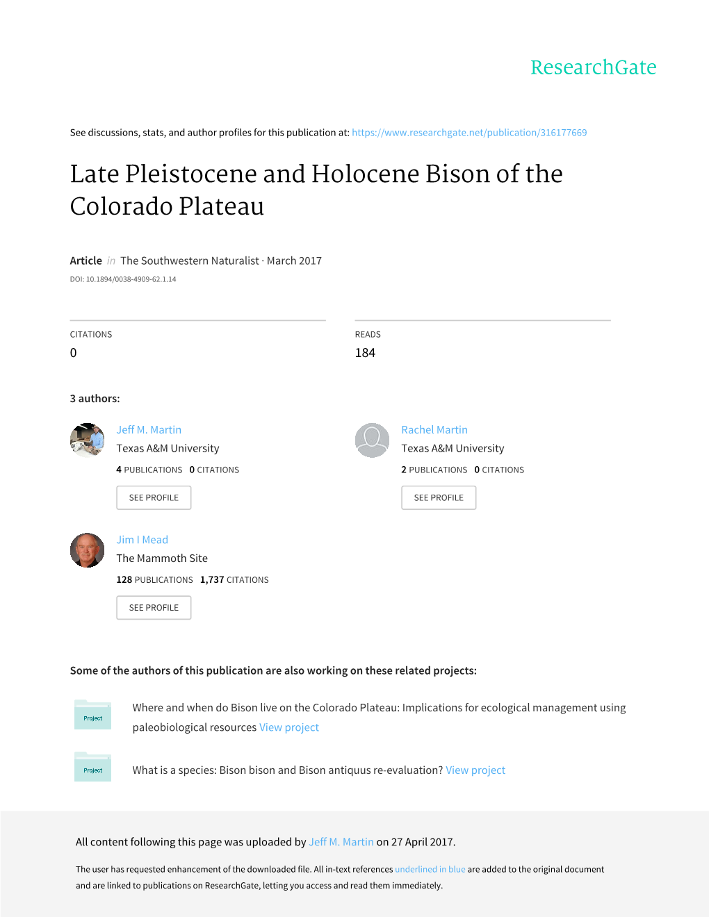 Late Pleistocene and Holocene Bison of the Colorado Plateau