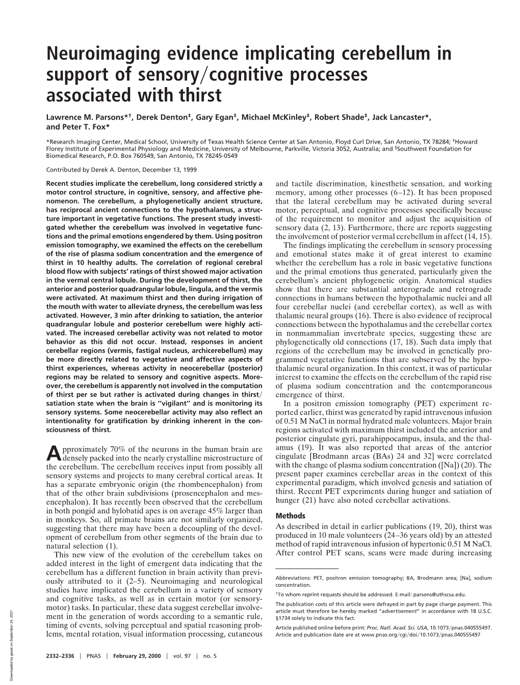 Neuroimaging Evidence Implicating Cerebellum in Support of Sensory Cognitive Processes Associated with Thirst