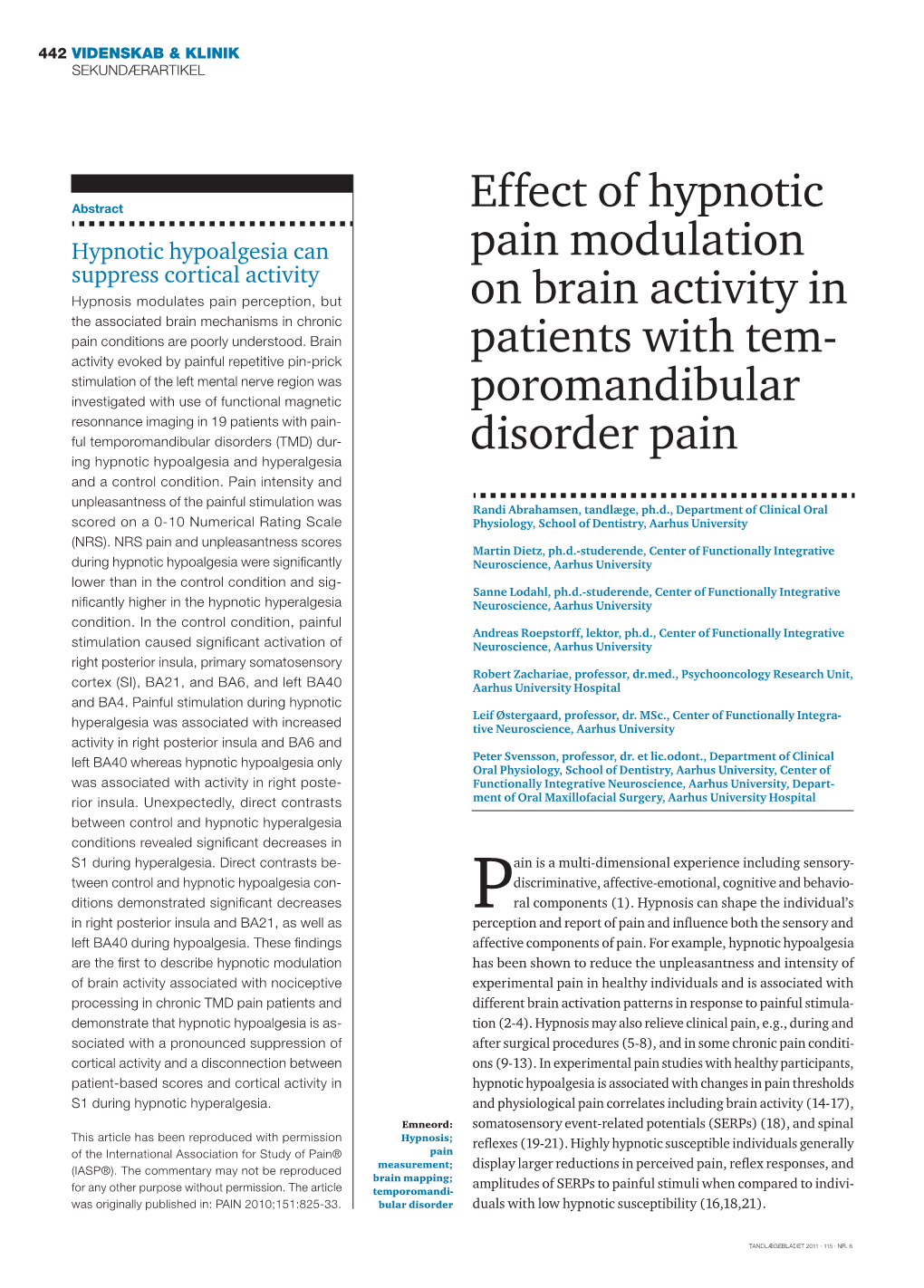 Effect of Hypnotic Pain Modulation on Brain Activity in Patients With