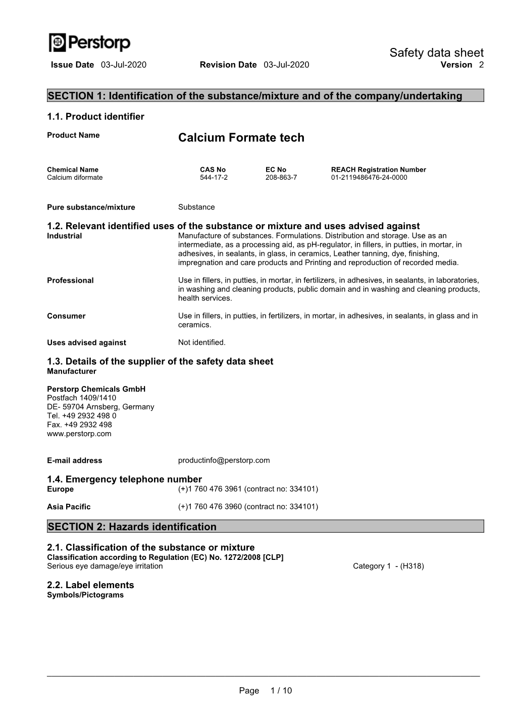 Safety Data Sheet Calcium Formate Tech