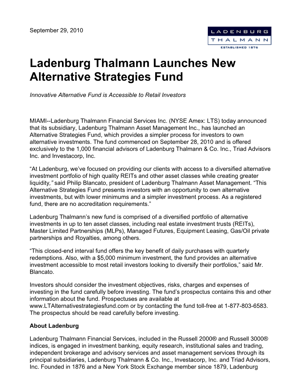 Ladenburg Thalmann Launches New Alternative Strategies Fund