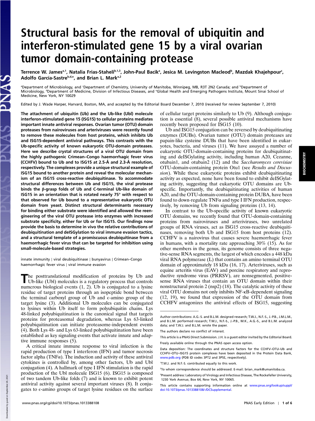 Structural Basis for the Removal of Ubiquitin and Interferon-Stimulated Gene 15 by a Viral Ovarian Tumor Domain-Containing Protease