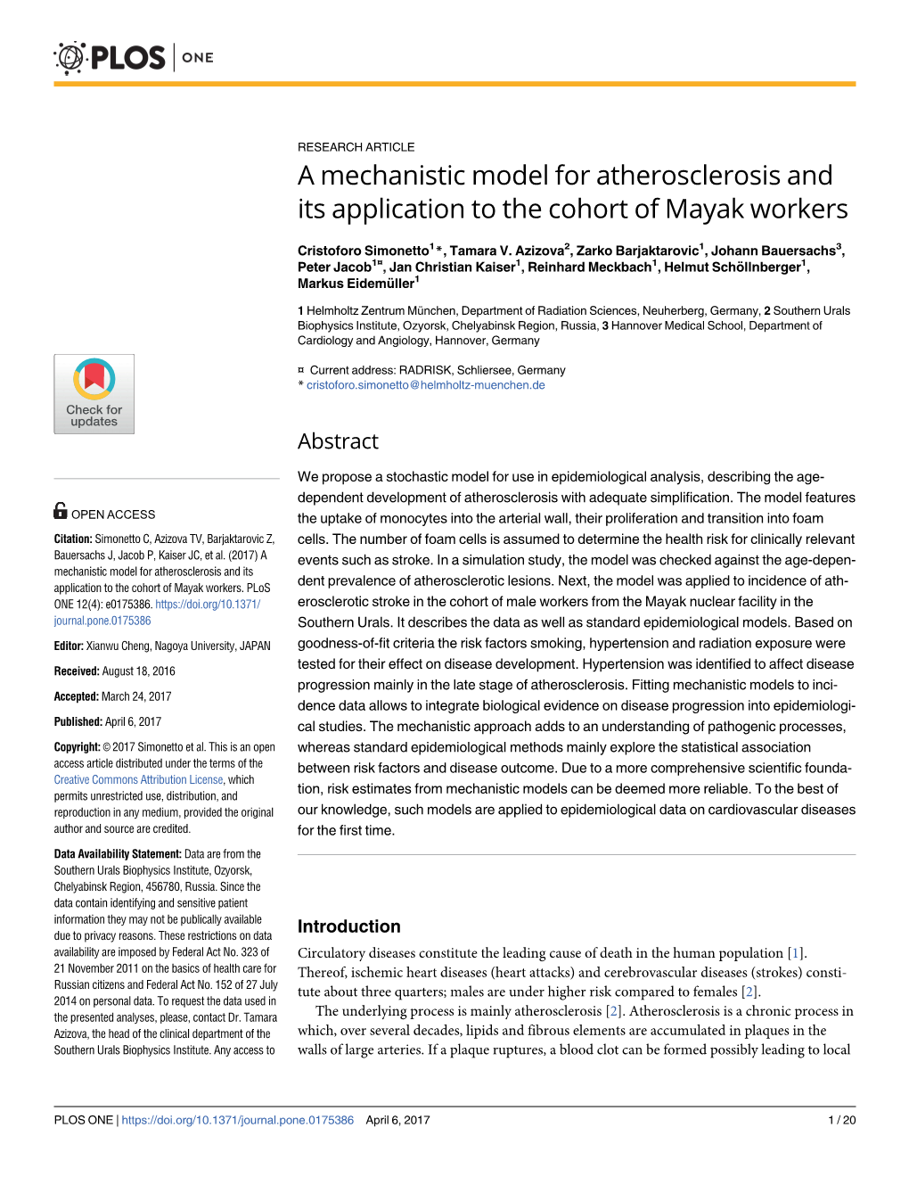 A Mechanistic Model for Atherosclerosis and Its Application to the Cohort of Mayak Workers