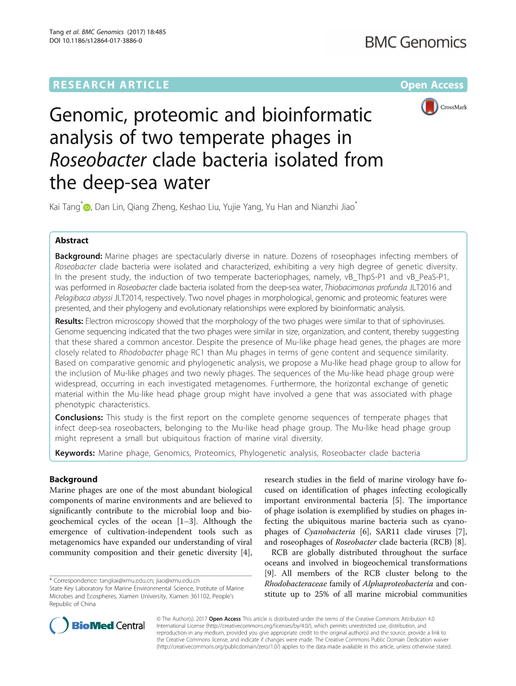 Genomic, Proteomic and Bioinformatic Analysis of Two Temperate Phages in Roseobacter Clade Bacteria Isolated from the Deep-Sea W