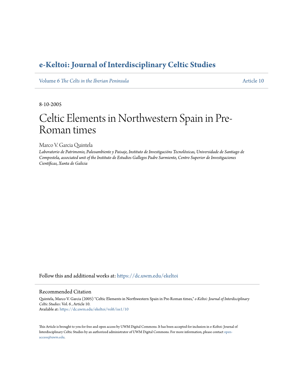 Celtic Elements in Northwestern Spain in Pre-Roman Times,