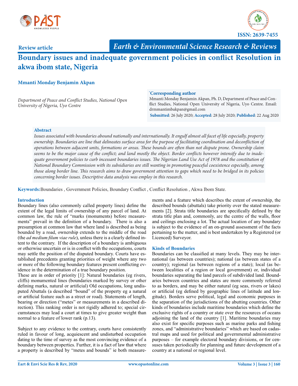 Boundary Issues and Inadequate Government Policies in Conflict Resolution in Akwa Ibom State, Nigeria