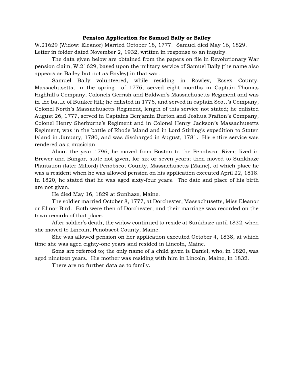 Pension Application for Samuel Baily Or Bailey W.21629 (Widow: Eleanor) Married October 18, 1777