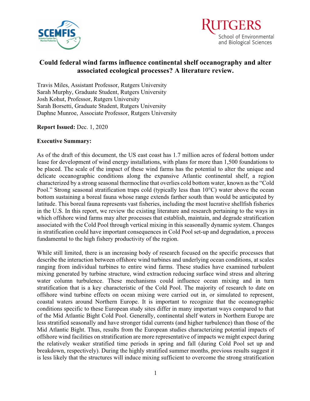 Could Federal Wind Farms Influence Continental Shelf Oceanography and Alter Associated Ecological Processes? a Literature Review