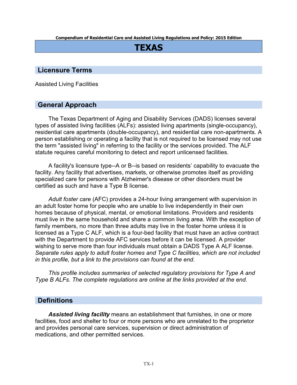 Residential Care/Assisted Living Compendium: Texas