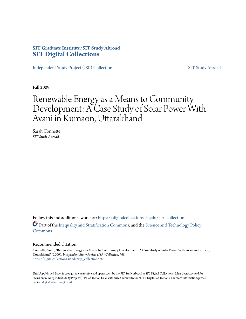 Renewable Energy As a Means to Community Development: a Case Study of Solar Power with Avani in Kumaon, Uttarakhand Sarah Connette SIT Study Abroad