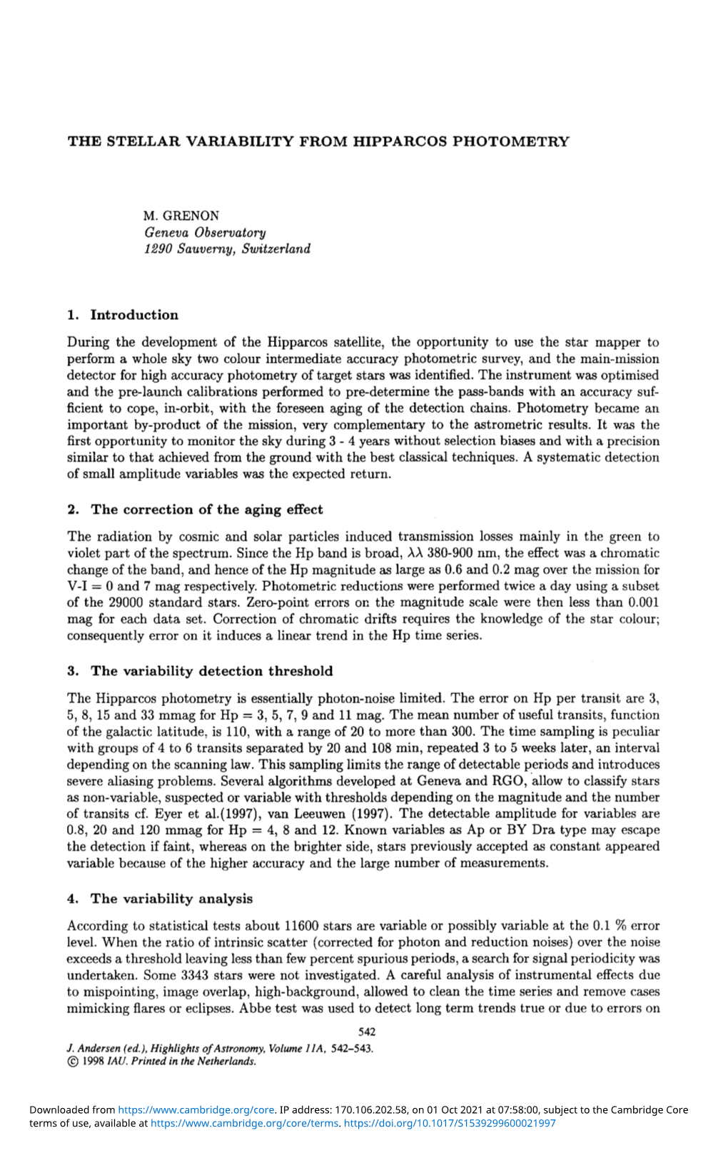 THE STELLAR VARIABILITY from HIPPARCOS PHOTOMETRY M. GRENON Geneva Observatory 1290 Sauverny, Switzerland 1. Introduction During