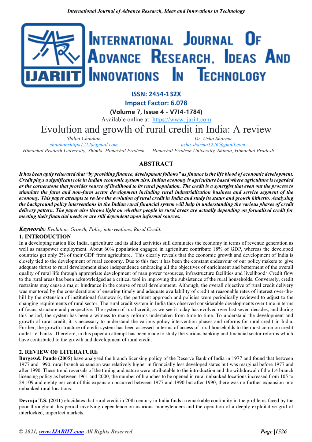 Evolution and Growth of Rural Credit in India: a Review Shilpa Chauhan Dr