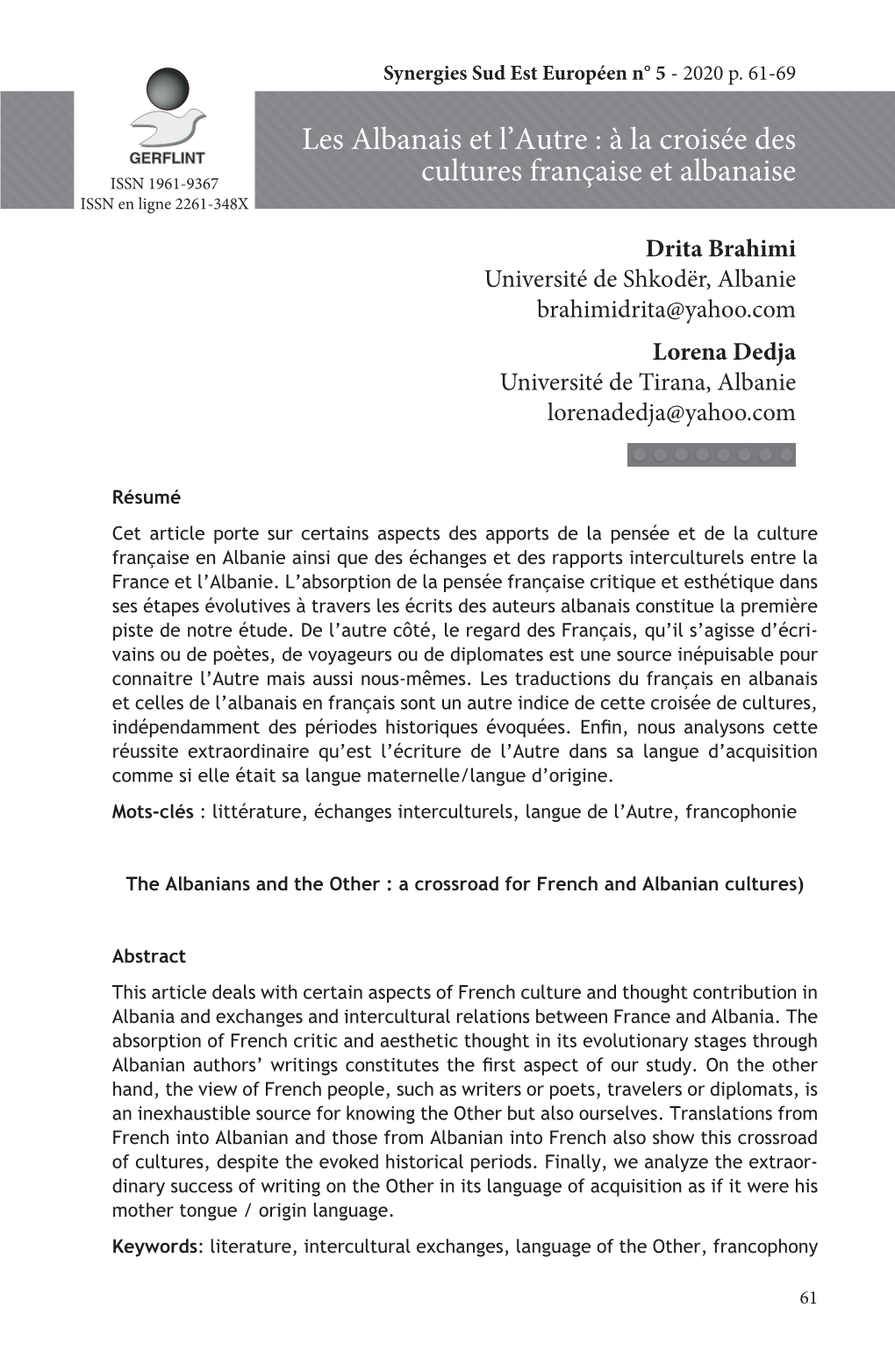 Les Albanais Et L'autre : À La Croisée Des Cultures Française Et Albanaise