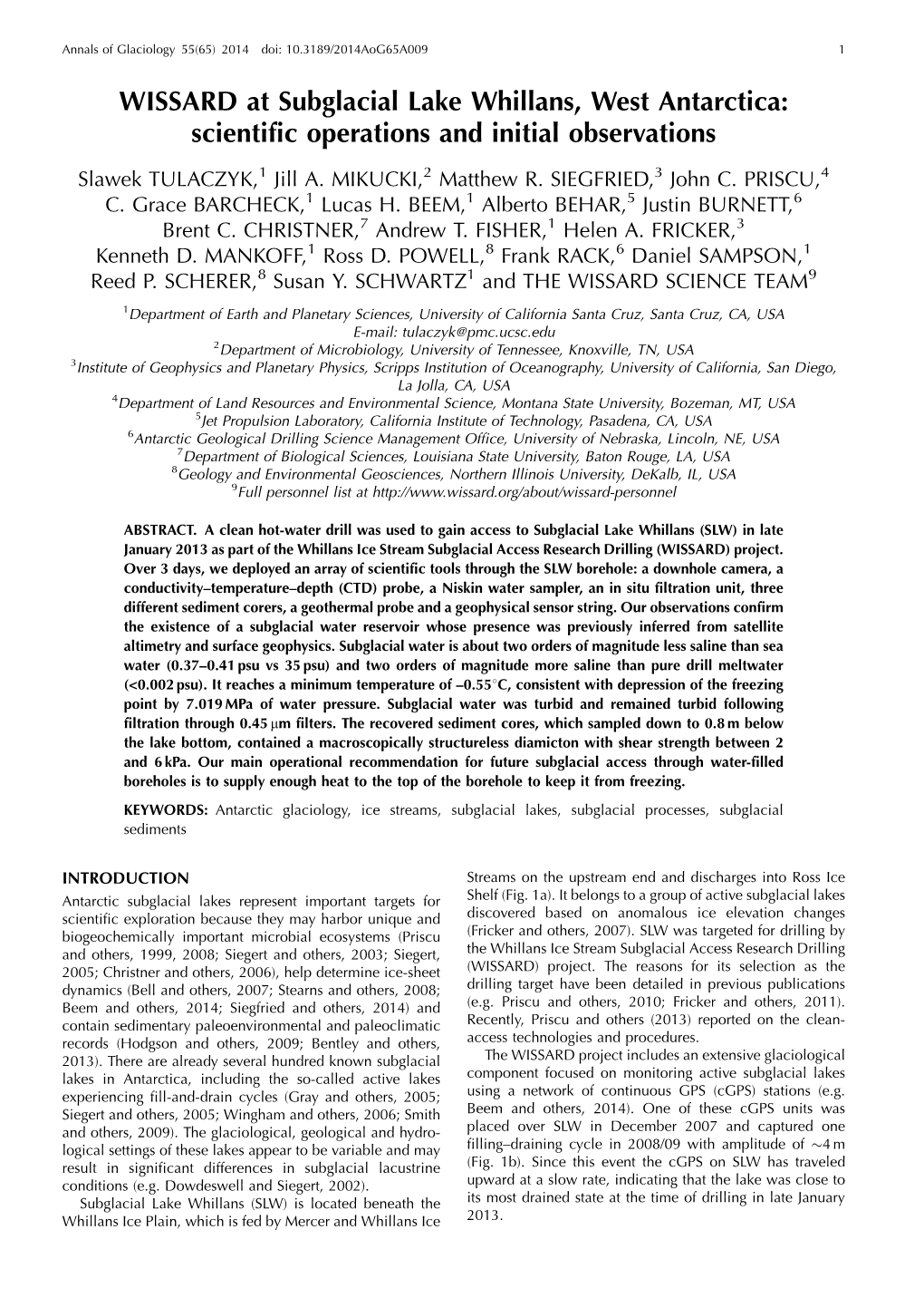 WISSARD at Subglacial Lake Whillans, West Antarctica: Scientific Operations and Initial Observations