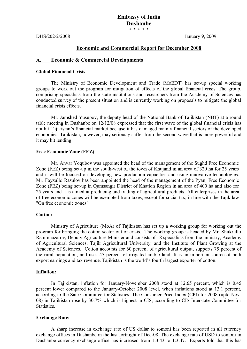 Economic and Commercial Report for December 2008