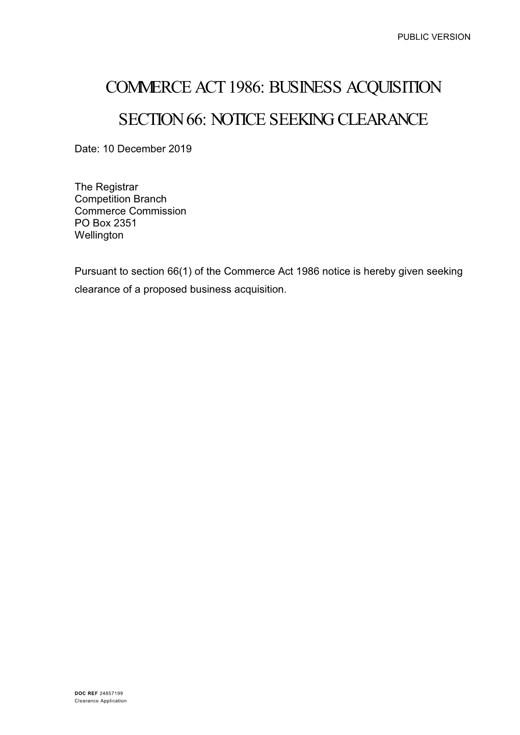 Business Acquisition Section 66: Notice Seeking Clearance