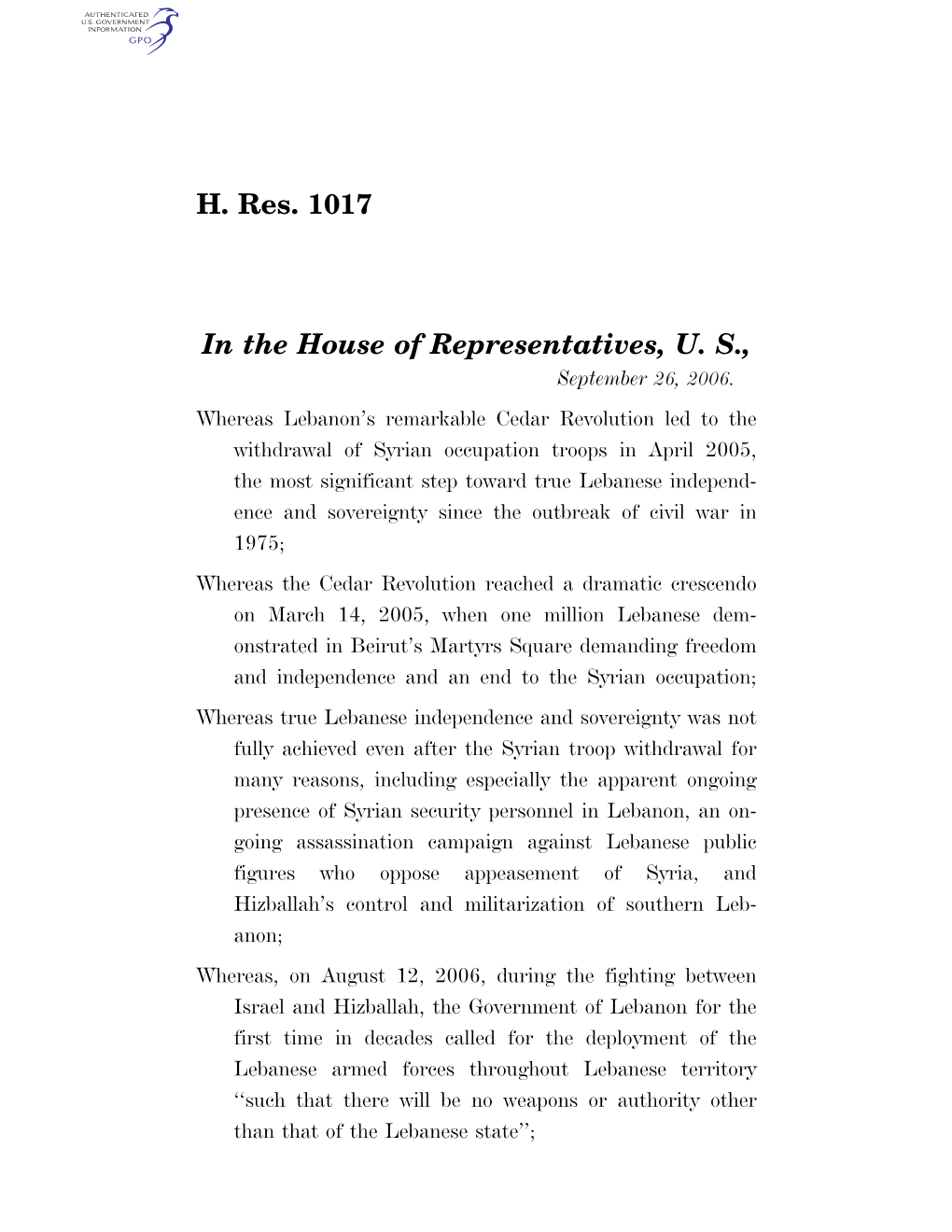 H. Res. 1017 in the House of Representatives