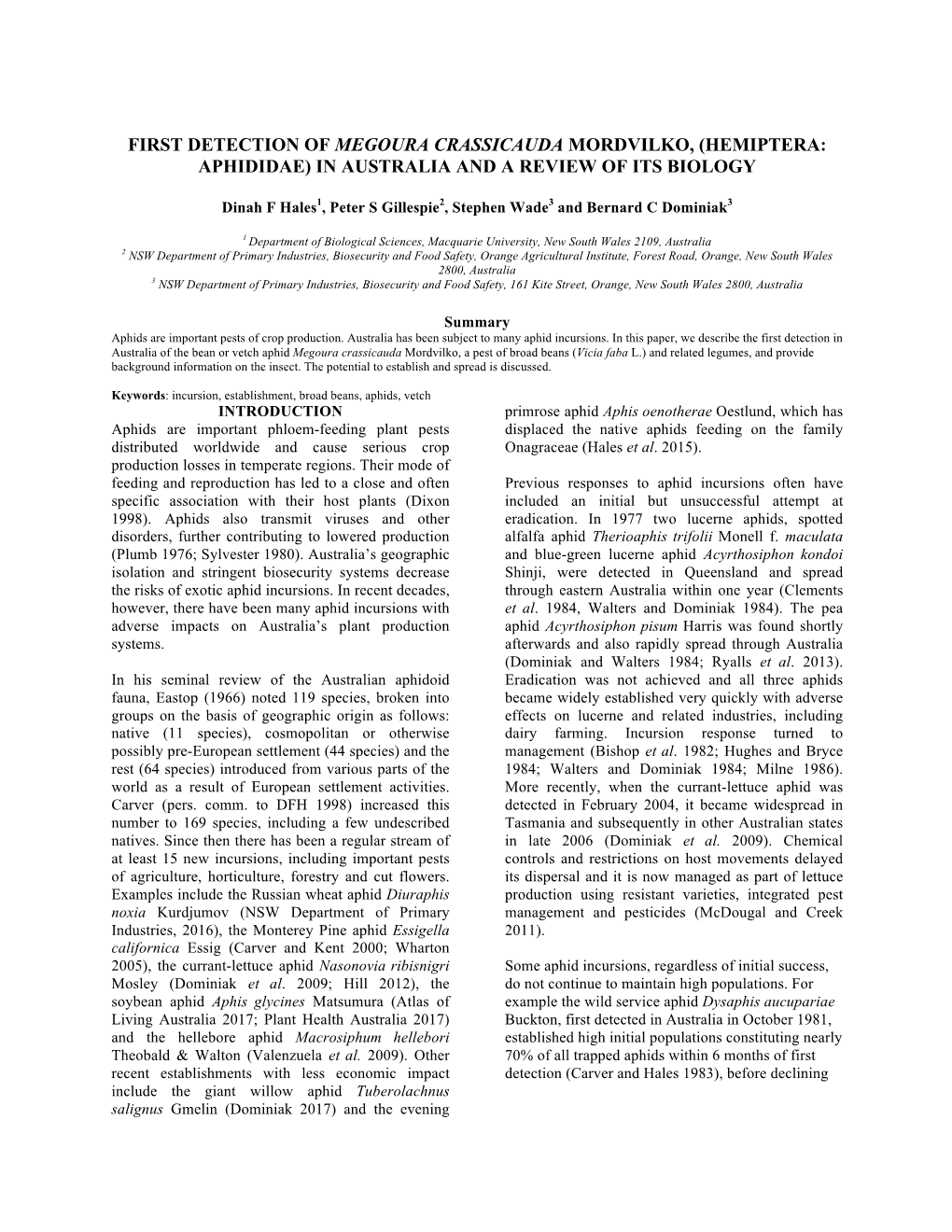 First Detection of Megoura Crassicauda Mordvilko, (Hemiptera: Aphididae) in Australia and a Review of Its Biology