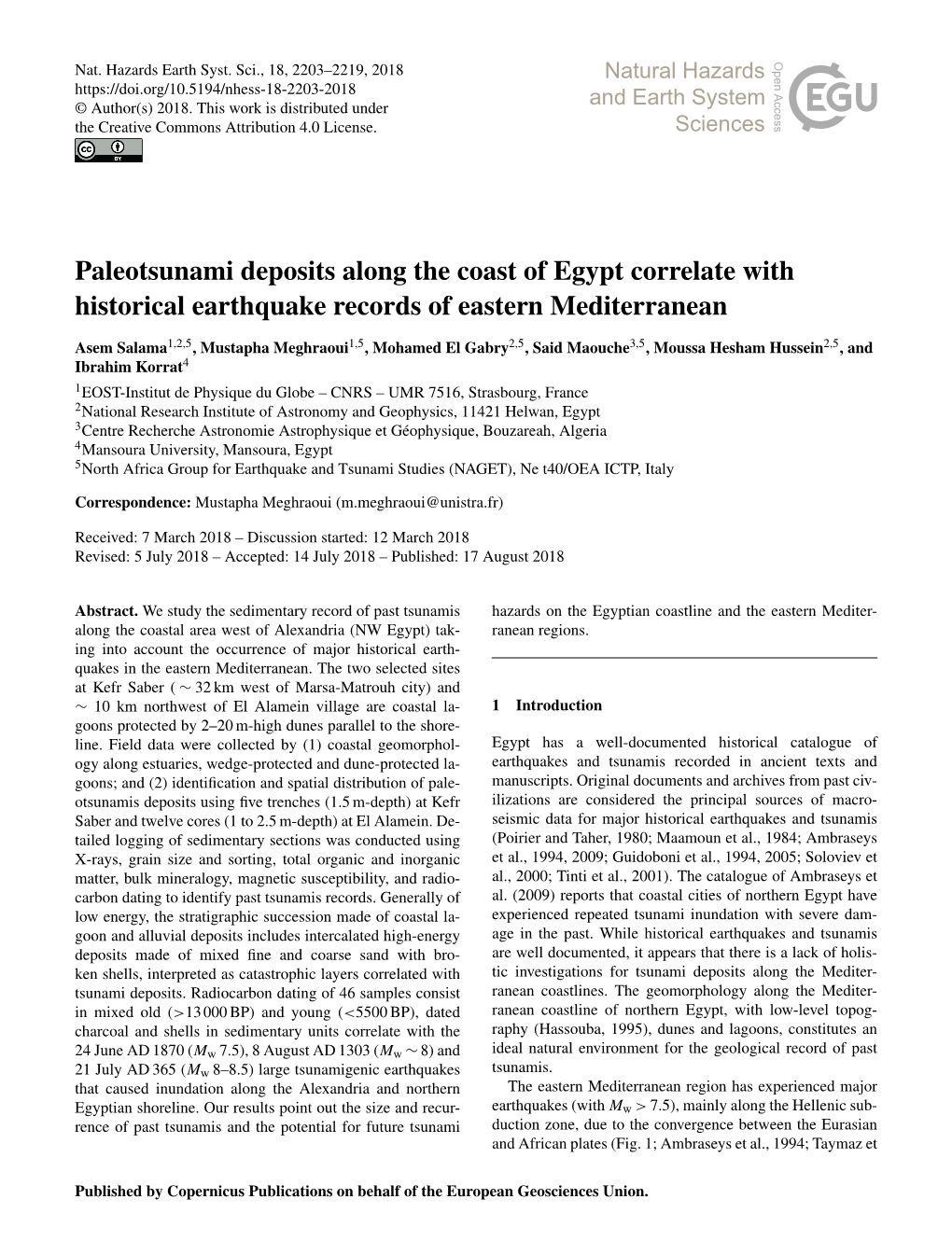 Paleotsunami Deposits Along the Coast of Egypt Correlate with Historical Earthquake Records of Eastern Mediterranean