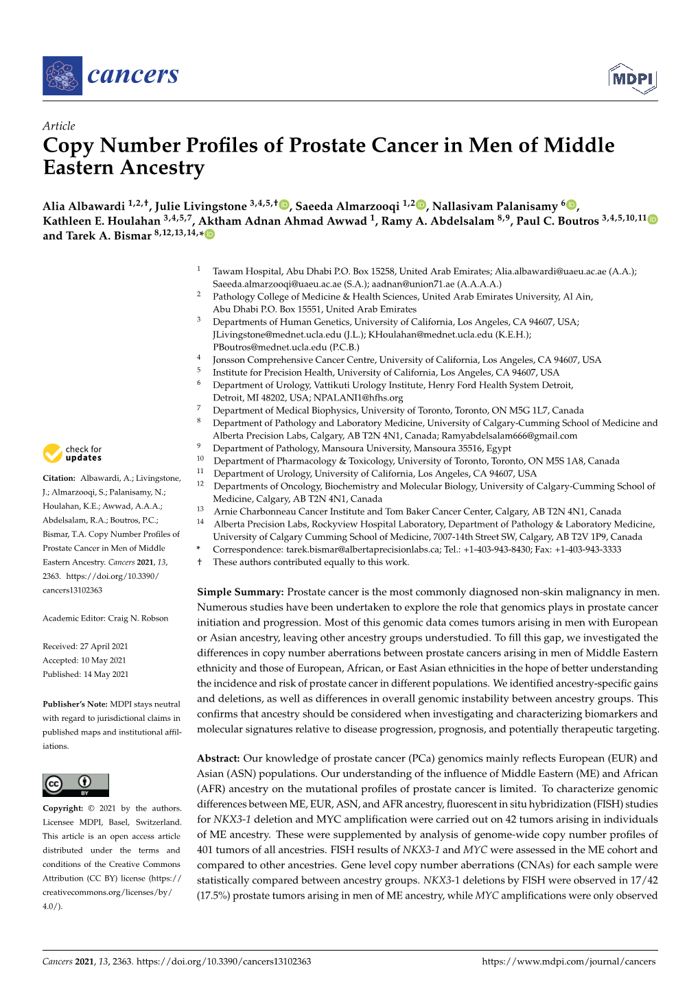 Copy Number Profiles of Prostate Cancer in Men of Middle Eastern