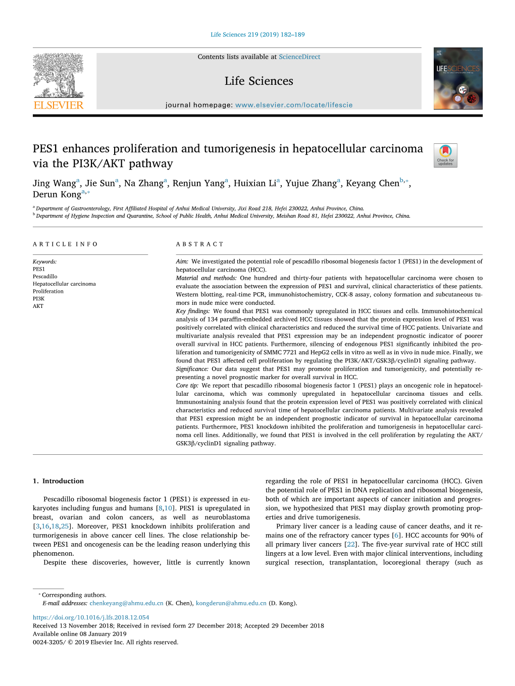 PES1 Enhances Proliferation and Tumorigenesis in Hepatocellular