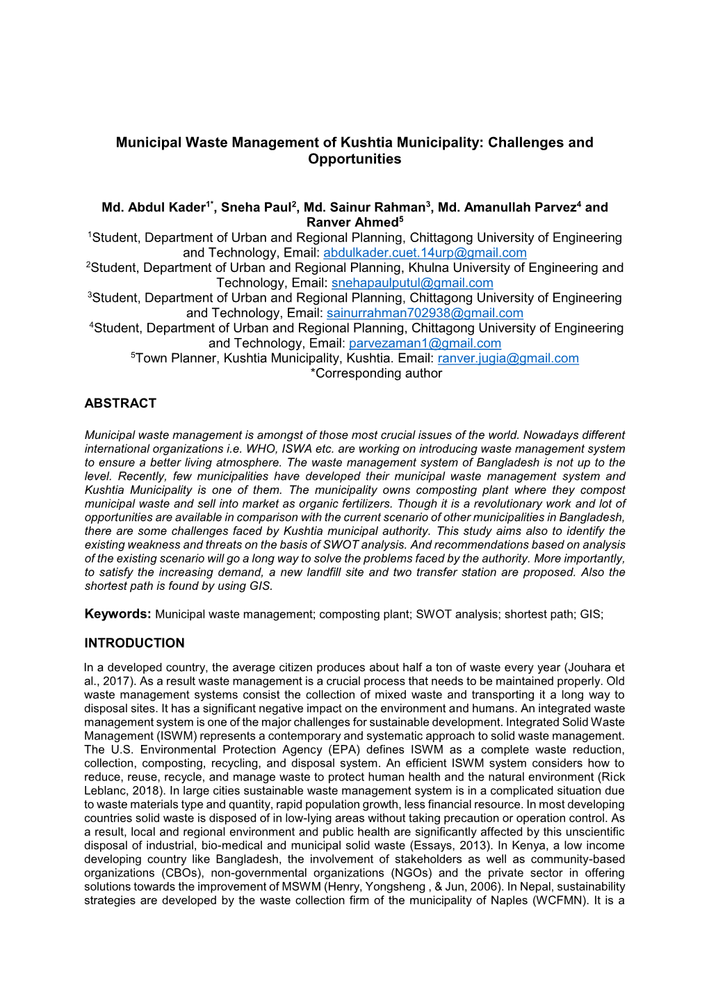 Municipal Waste Management of Kushtia Municipality: Challenges and Opportunities