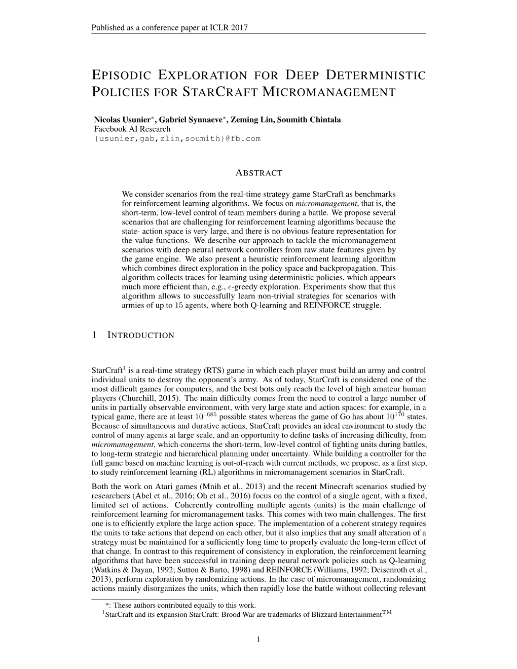 Episodic Exploration for Deep Deterministic Policies for Starcraft Micromanagement